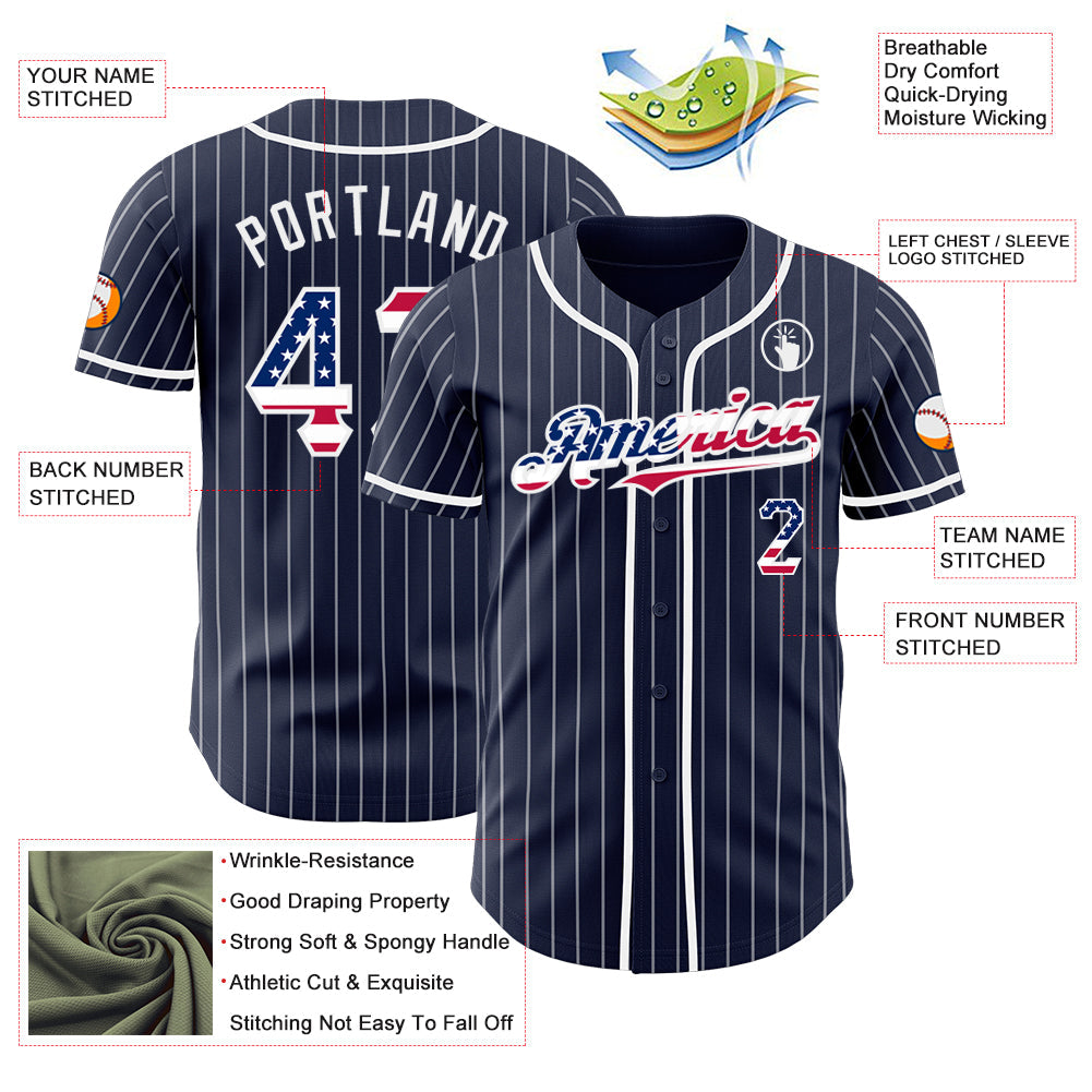 Custom Navy White Pinstripe USA Flag Authentic Baseball Jersey - Sky-Custom