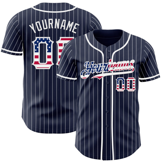 Custom Navy White Pinstripe USA Flag Authentic Baseball Jersey - Sky-Custom