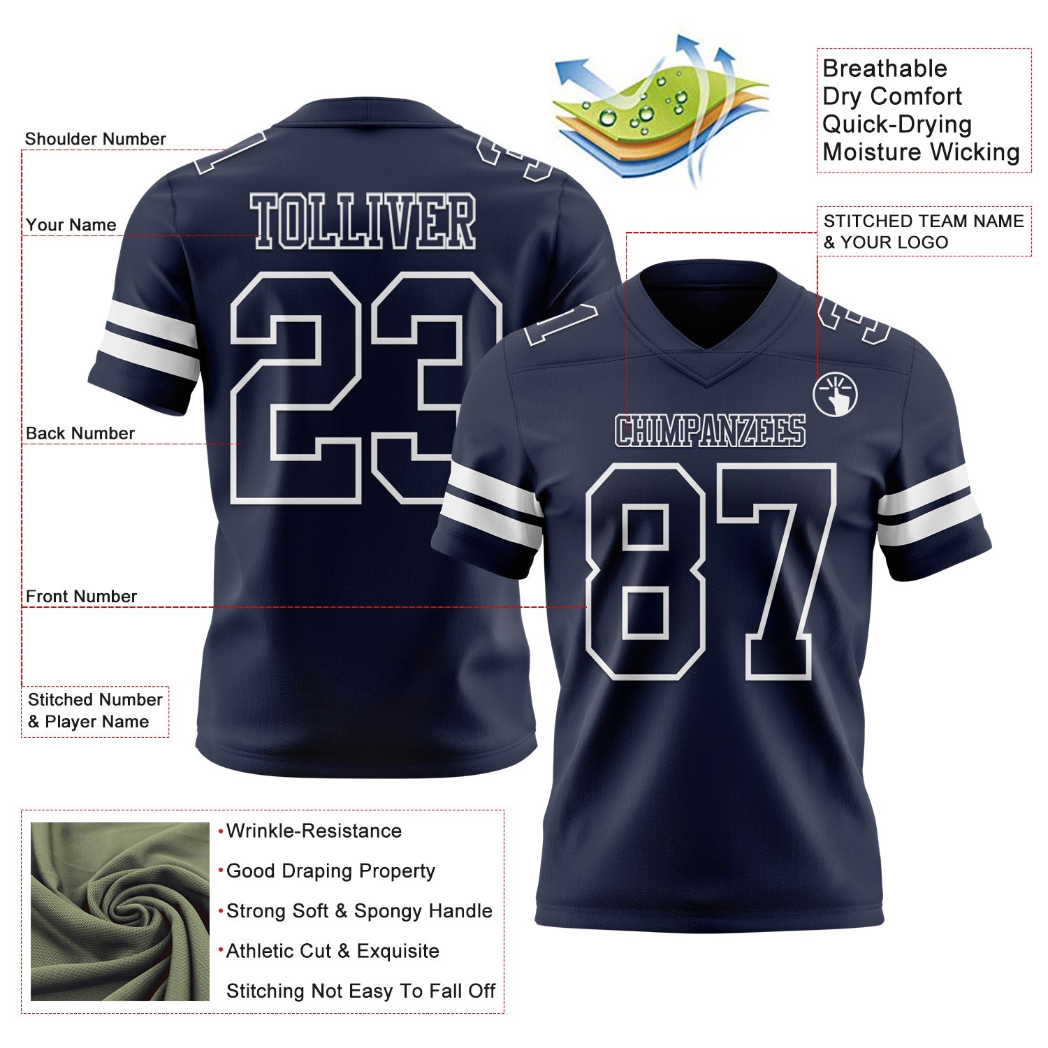 Custom Navy White Mesh Authentic Football Jersey - Sky-Custom