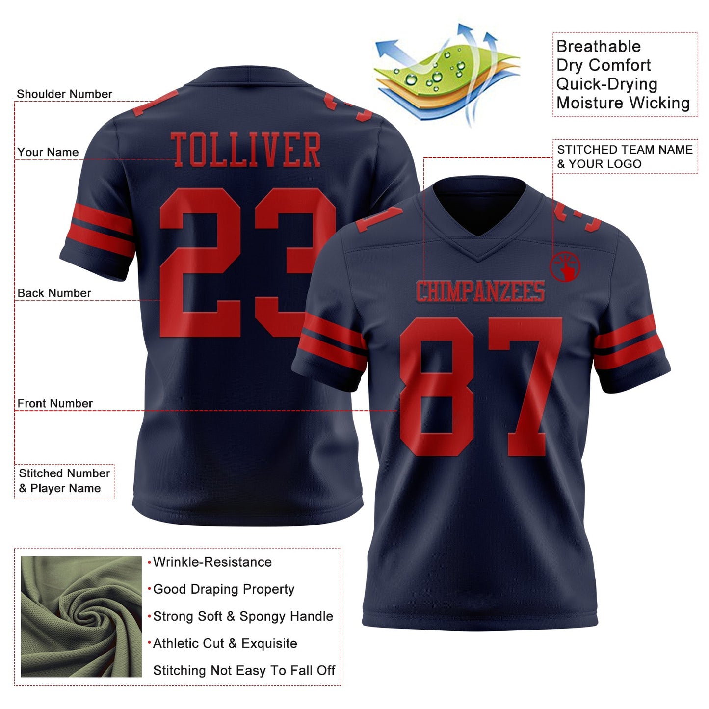 Custom Navy Red Mesh Authentic Football Jersey - Sky-Custom