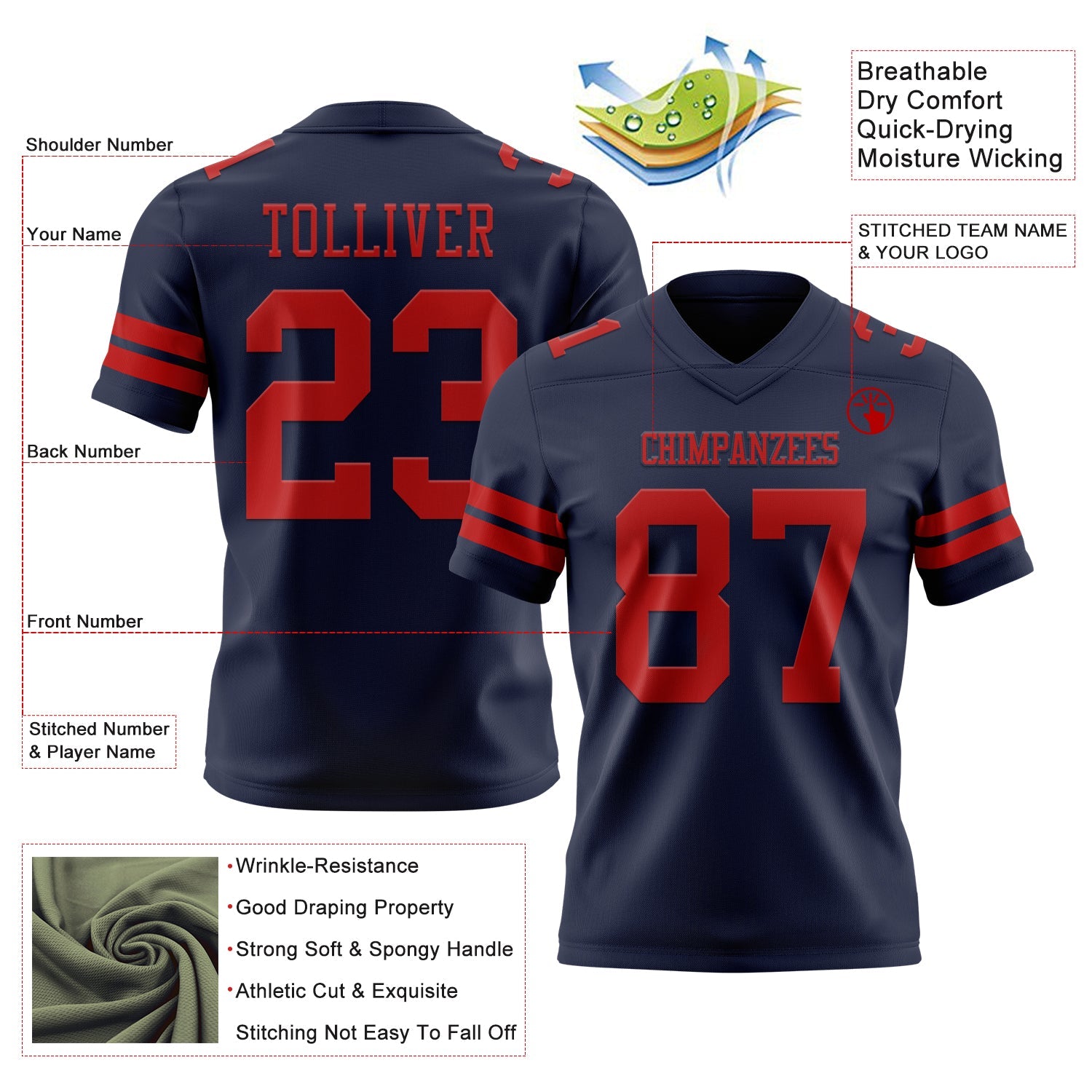 Custom Navy Red Mesh Authentic Football Jersey - Sky-Custom