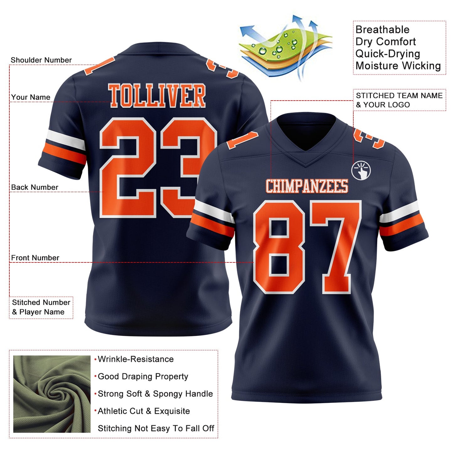 Custom Navy Orange-White Mesh Authentic Football Jersey - Sky-Custom
