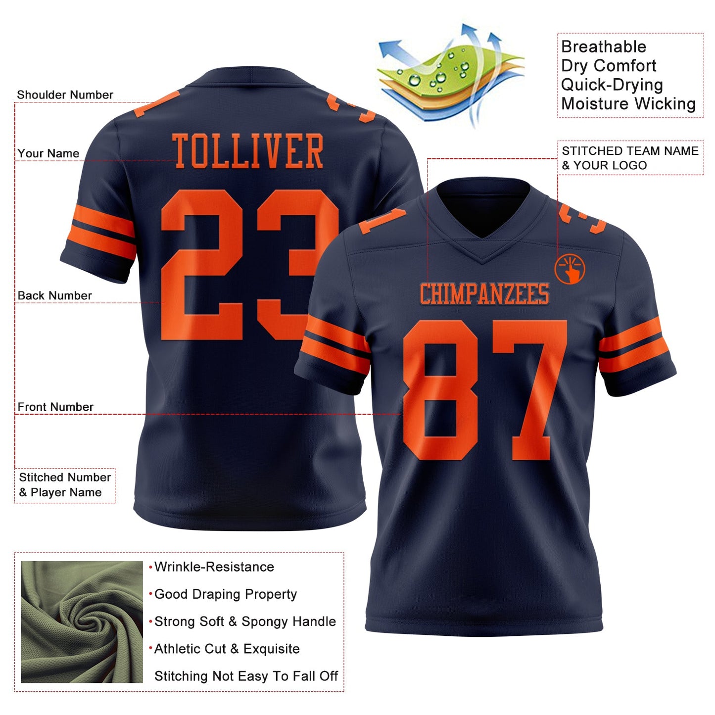 Custom Navy Orange Mesh Authentic Football Jersey - Sky-Custom