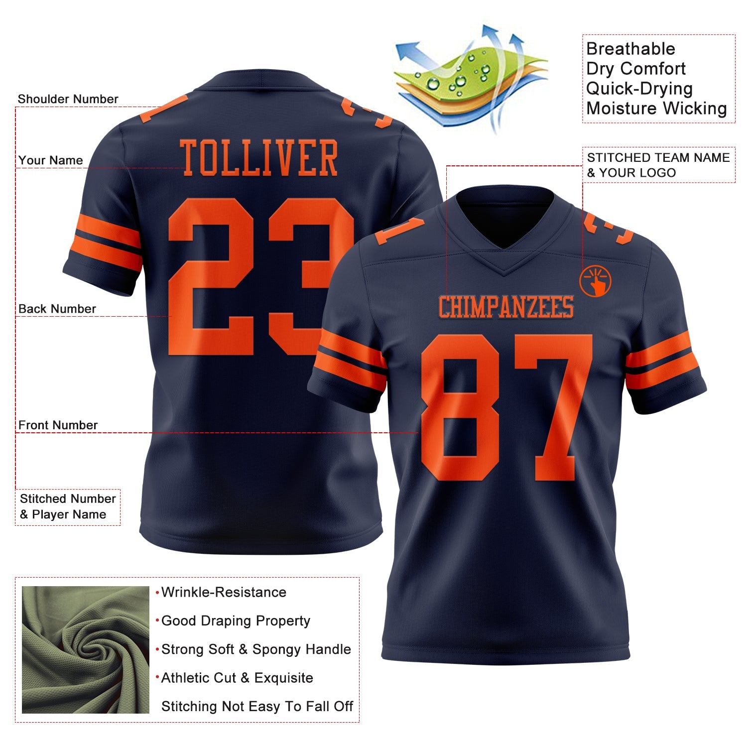 Custom Navy Orange Mesh Authentic Football Jersey - Sky-Custom