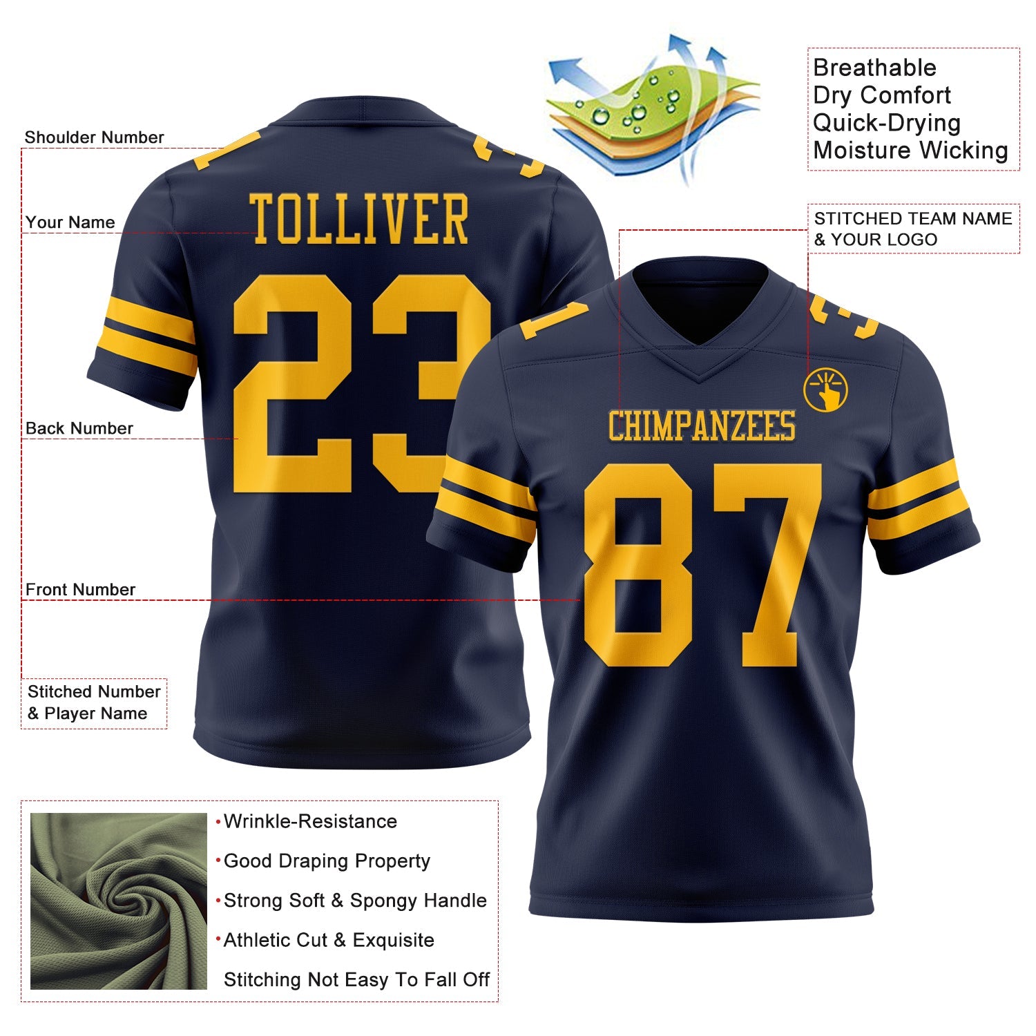 Custom Navy Gold Mesh Authentic Football Jersey - Sky-Custom