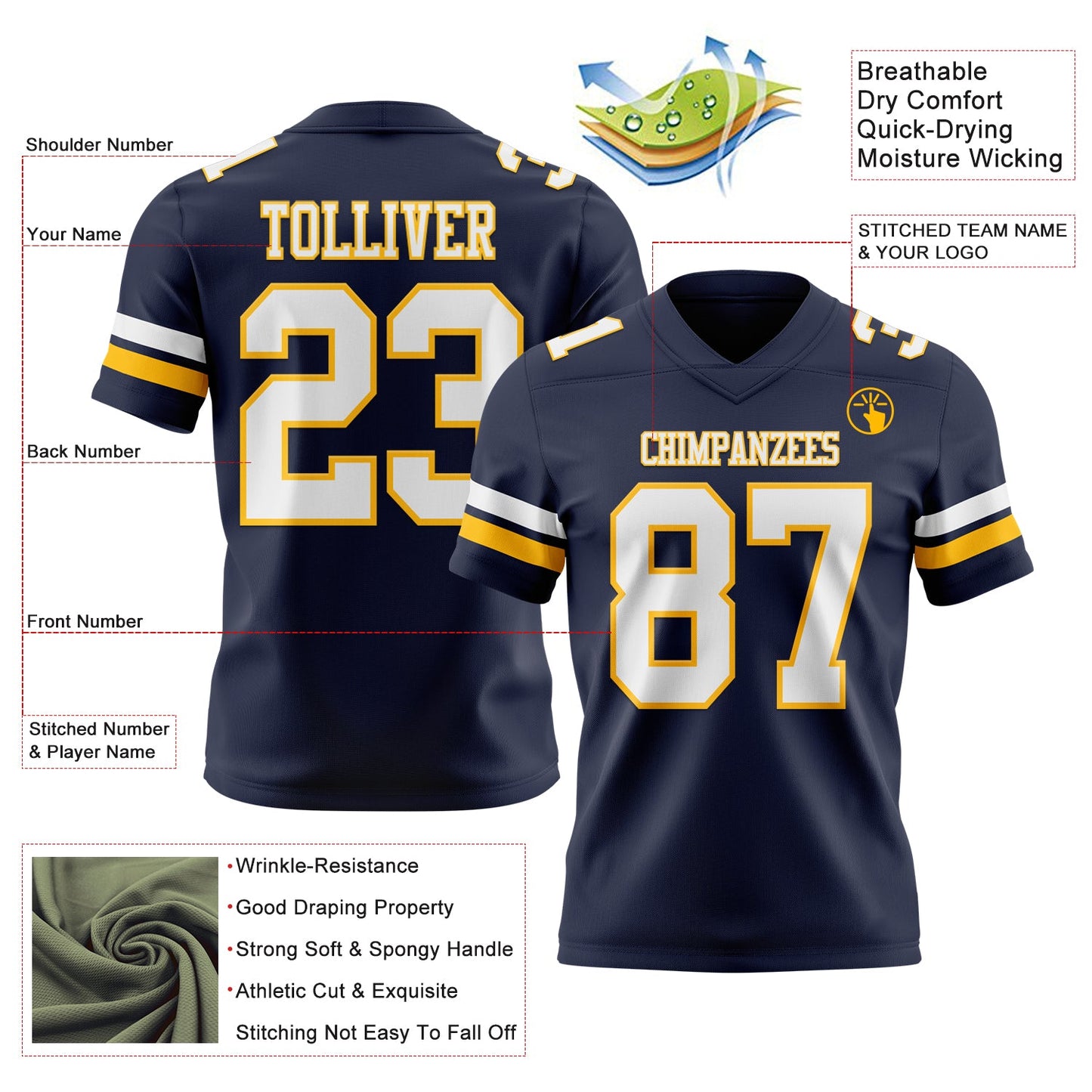 Custom Navy White-Gold Mesh Authentic Football Jersey - Sky-Custom