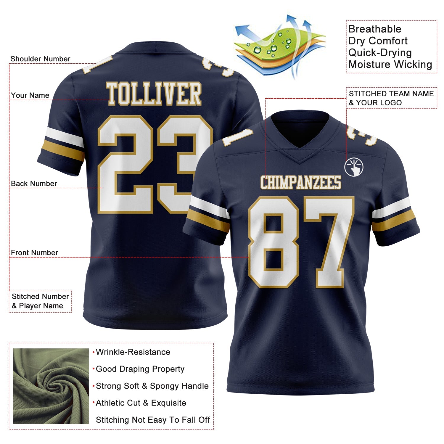 Custom Navy White-Old Gold Mesh Authentic Football Jersey - Sky-Custom
