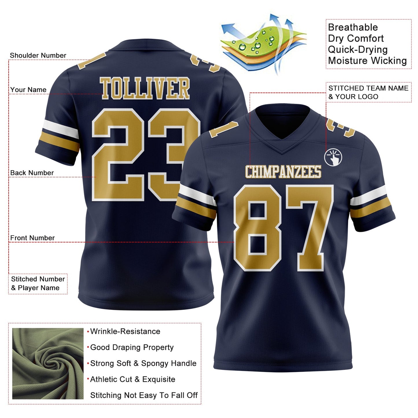 Custom Navy Old Gold-White Mesh Authentic Football Jersey - Sky-Custom
