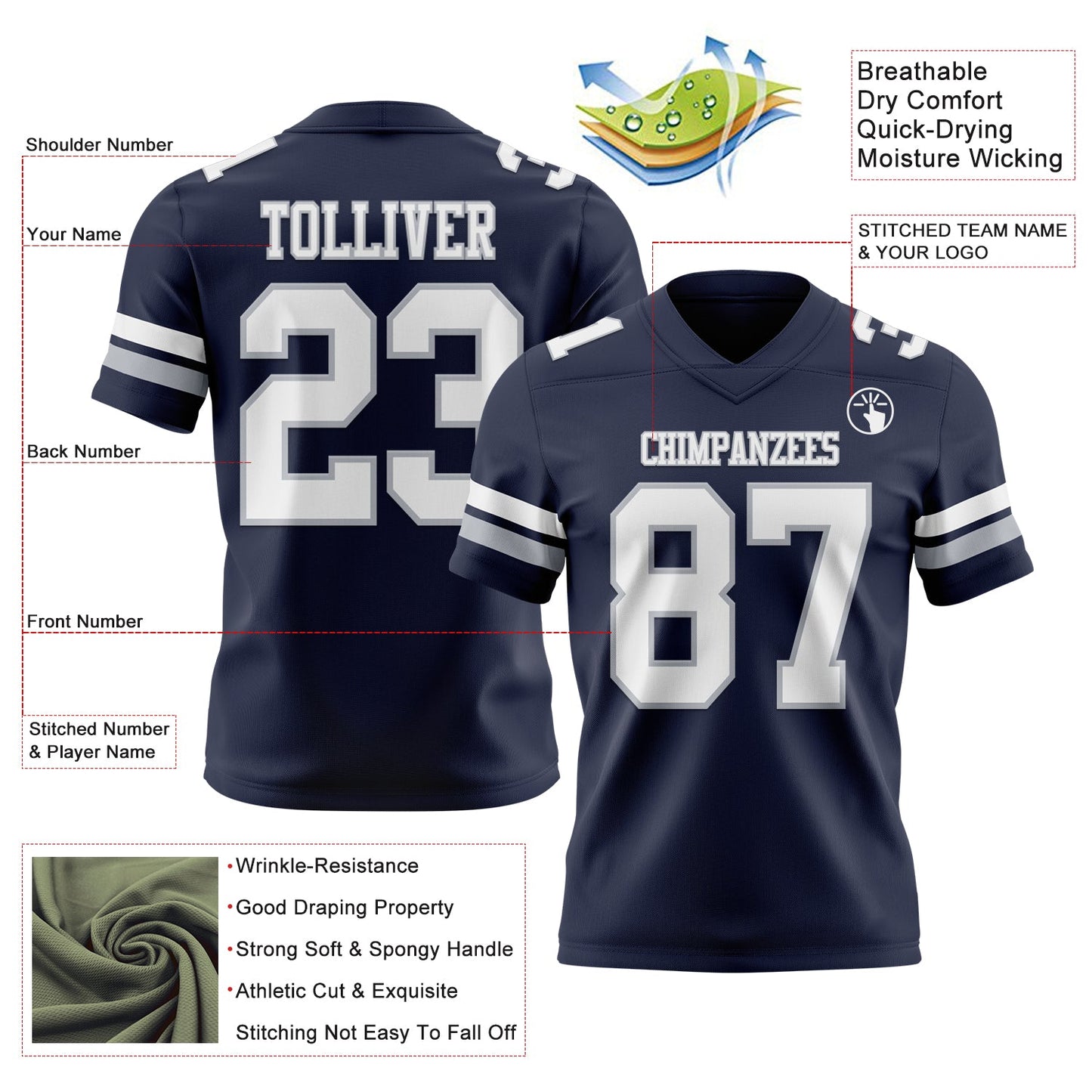 Custom Navy White-Gray Mesh Authentic Football Jersey - Sky-Custom