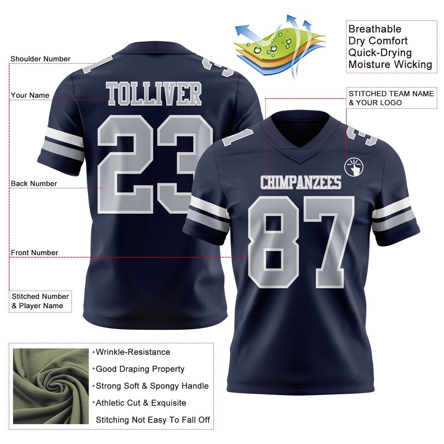 Custom Navy Gray-White Mesh Authentic Football Jersey - Sky-Custom