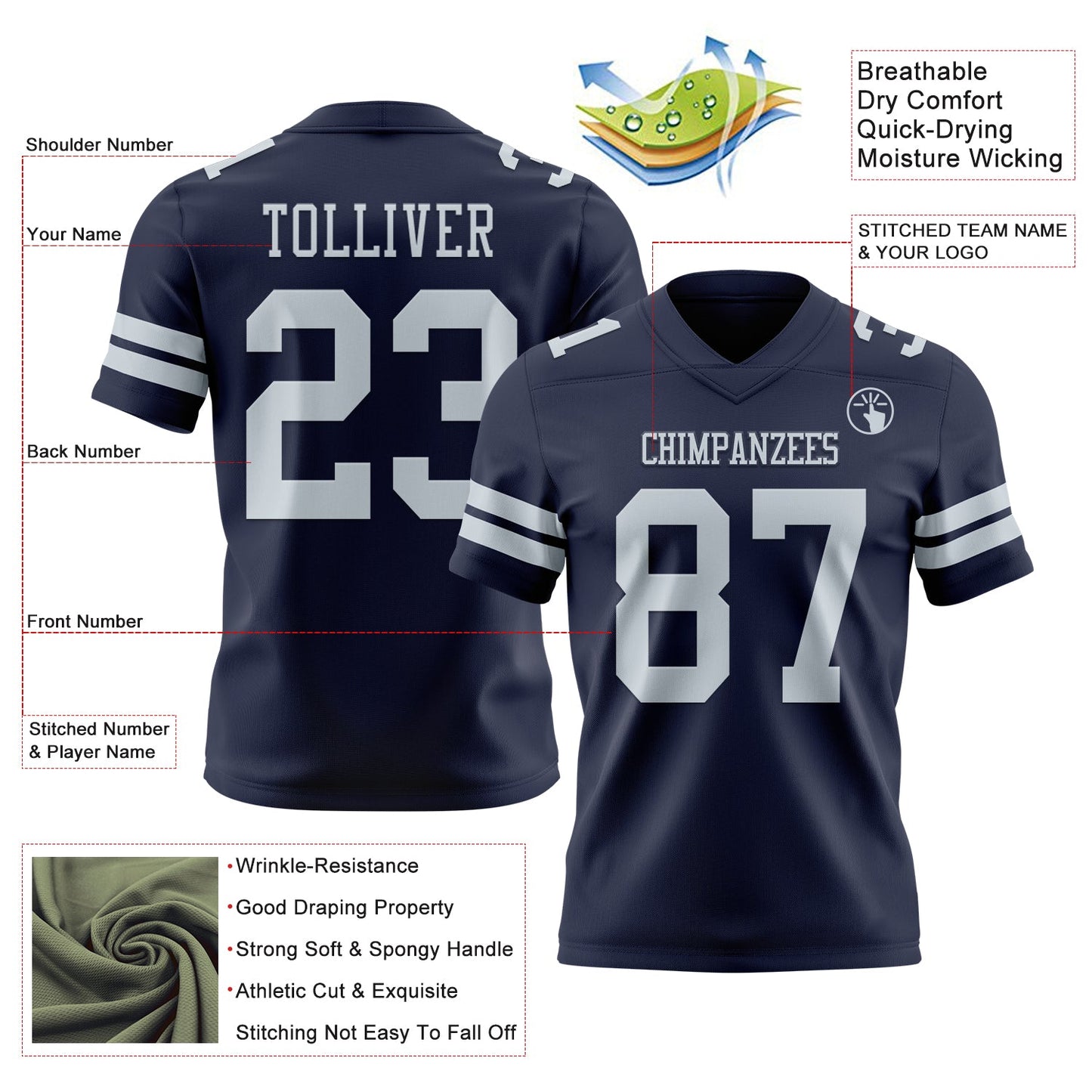 Custom Navy Silver Mesh Authentic Football Jersey - Sky-Custom