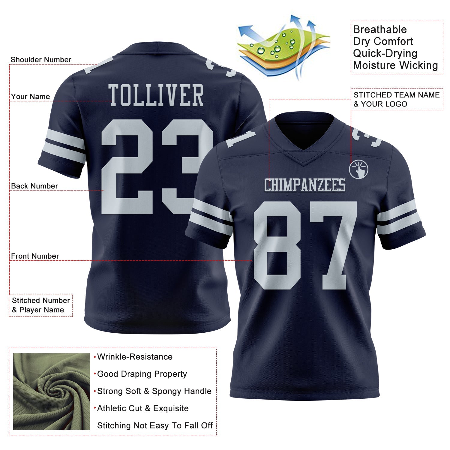Custom Navy Silver Mesh Authentic Football Jersey - Sky-Custom