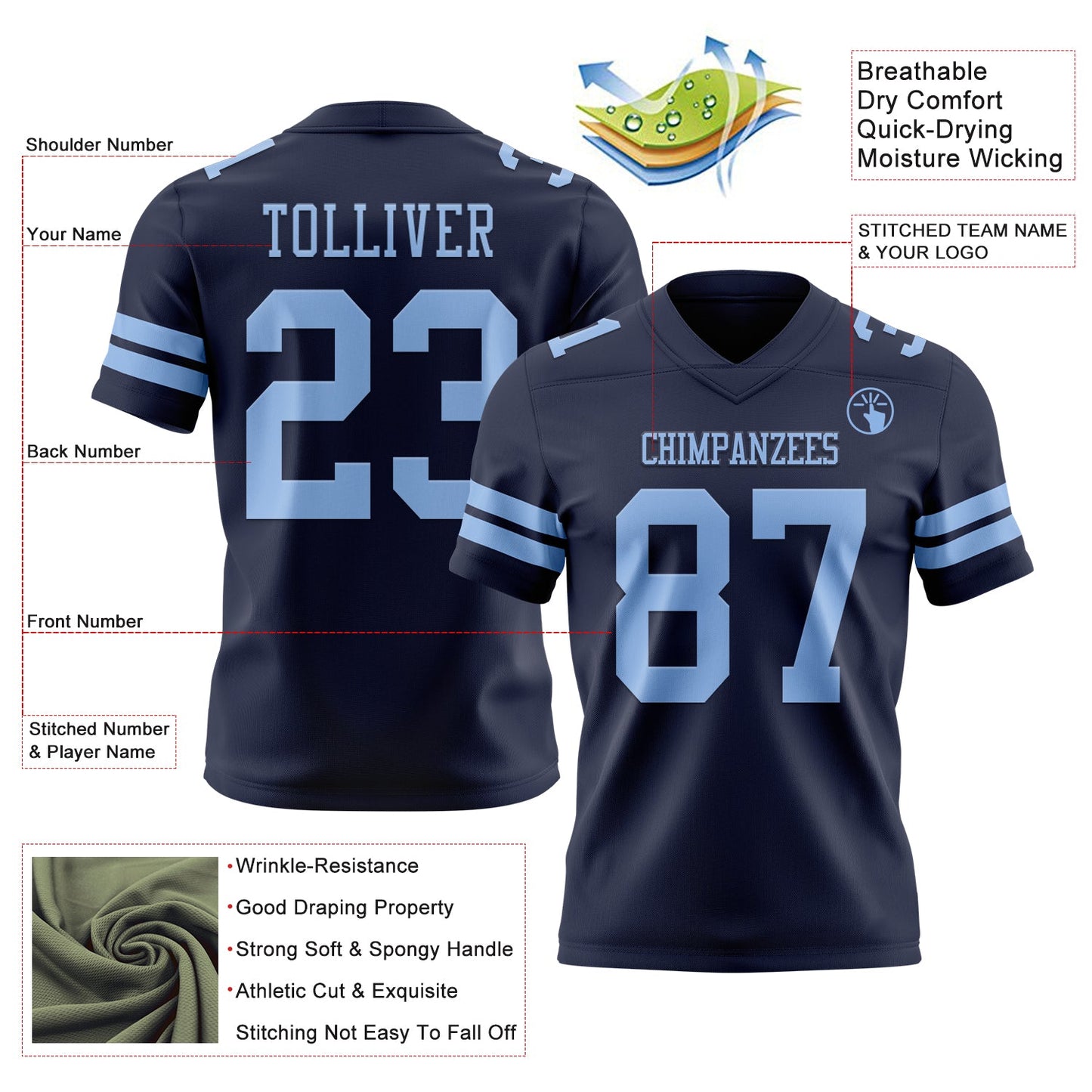 Custom Navy Light Blue Mesh Authentic Football Jersey - Sky-Custom