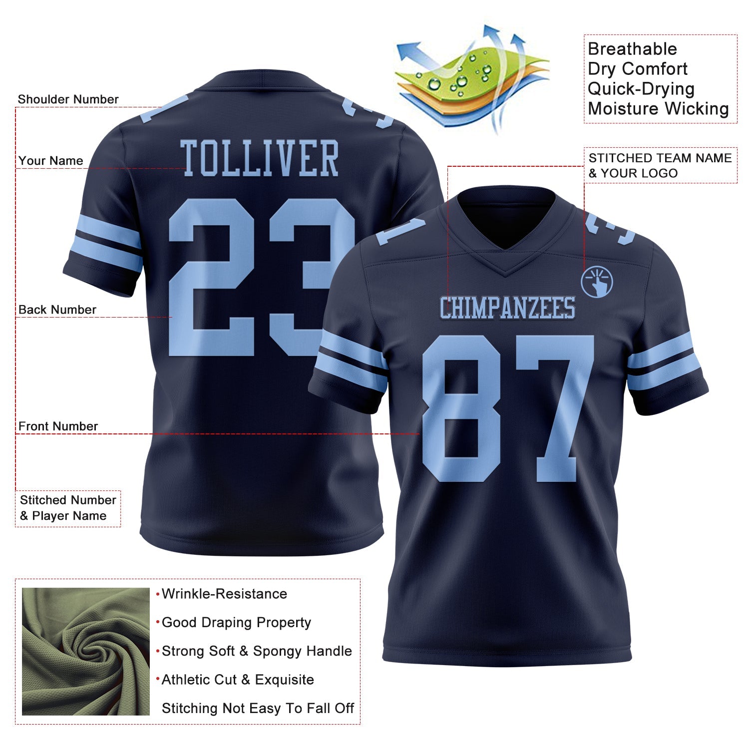 Custom Navy Light Blue Mesh Authentic Football Jersey - Sky-Custom