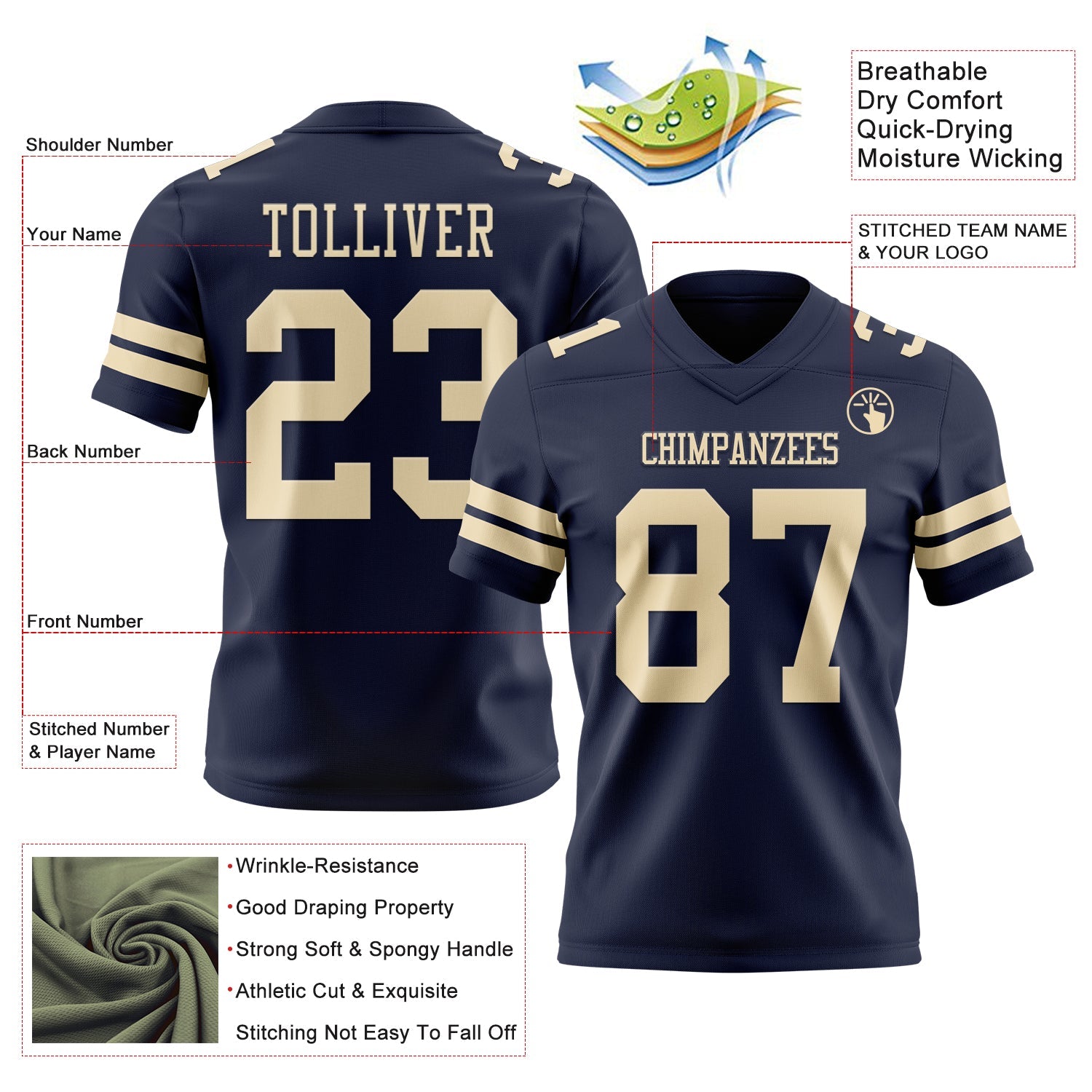 Custom Navy Cream Mesh Authentic Football Jersey - Sky-Custom