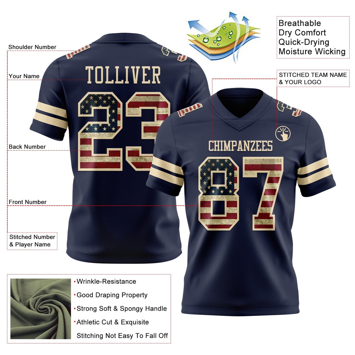 Custom Navy Vintage USA Flag-Cream Mesh Authentic Football Jersey - Sky-Custom