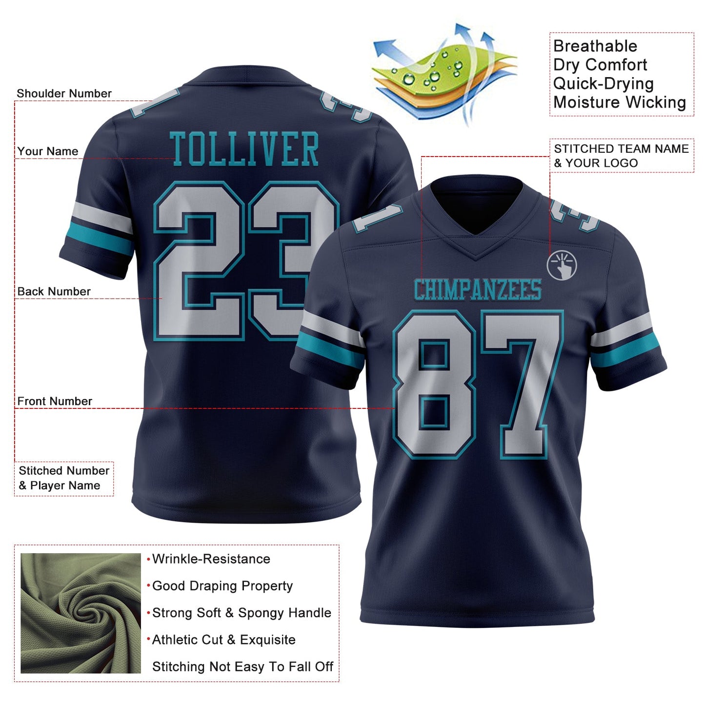 Custom Navy Gray-Teal Mesh Authentic Football Jersey - Sky-Custom