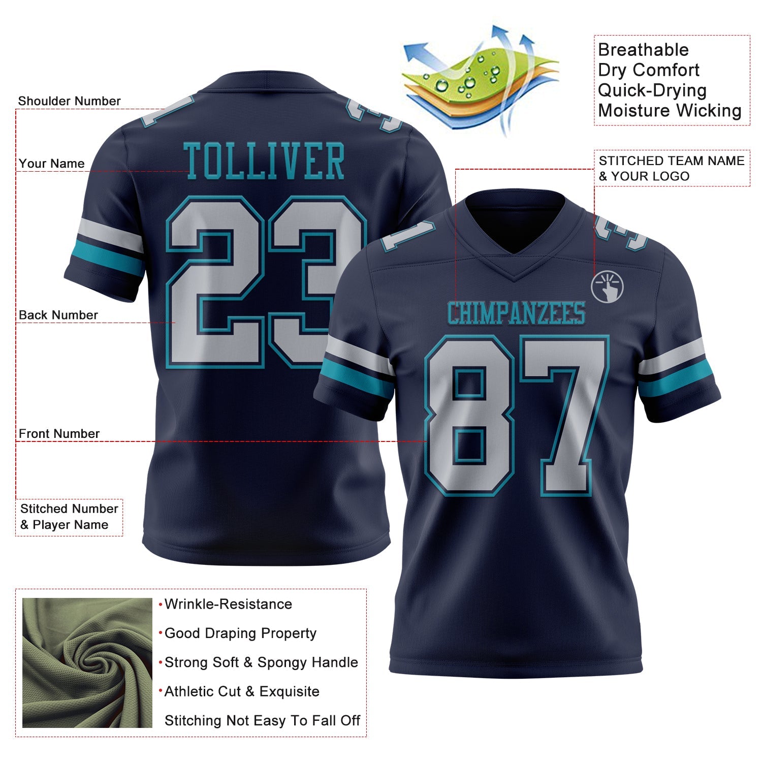 Custom Navy Gray-Teal Mesh Authentic Football Jersey - Sky-Custom