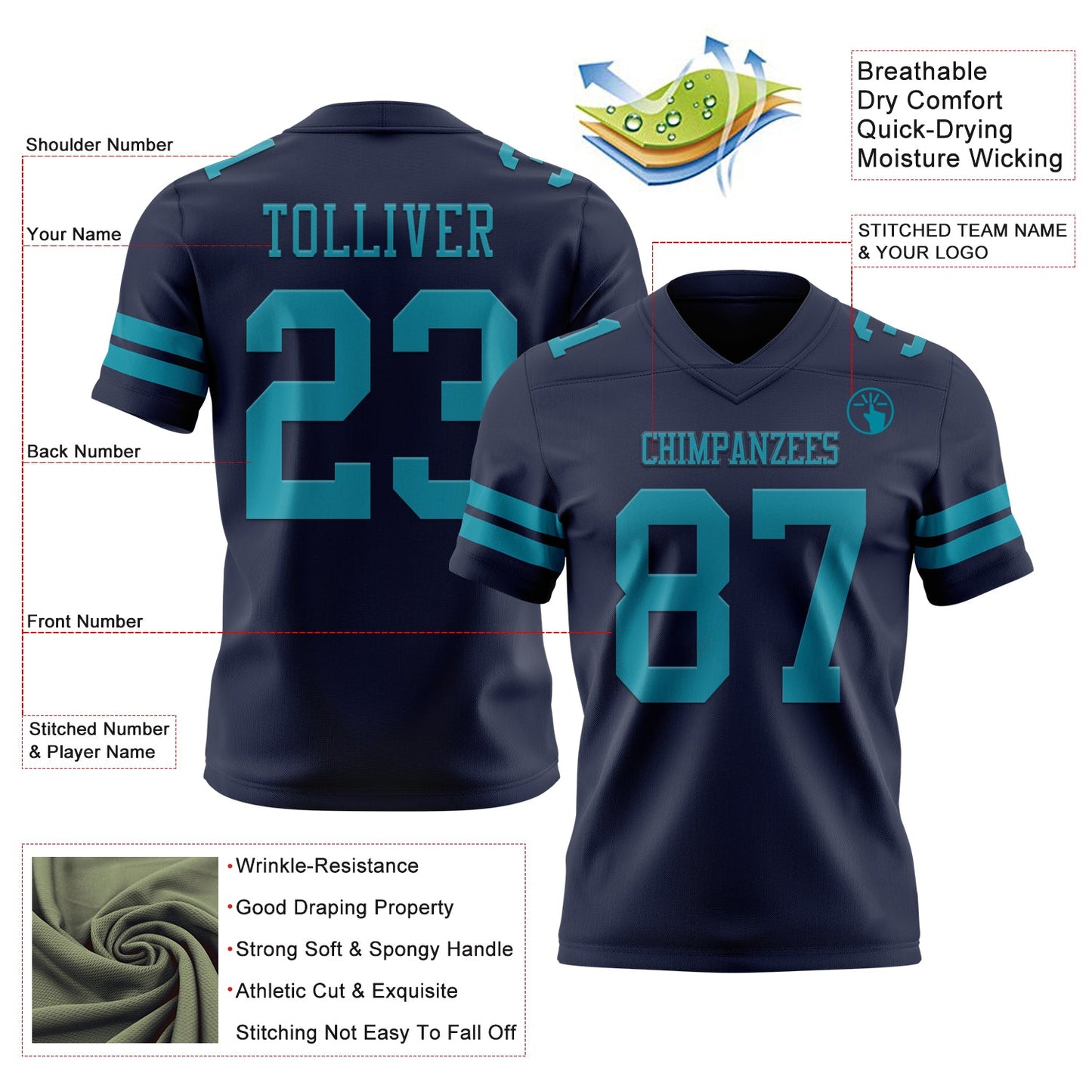 Custom Navy Teal Mesh Authentic Football Jersey - Sky-Custom