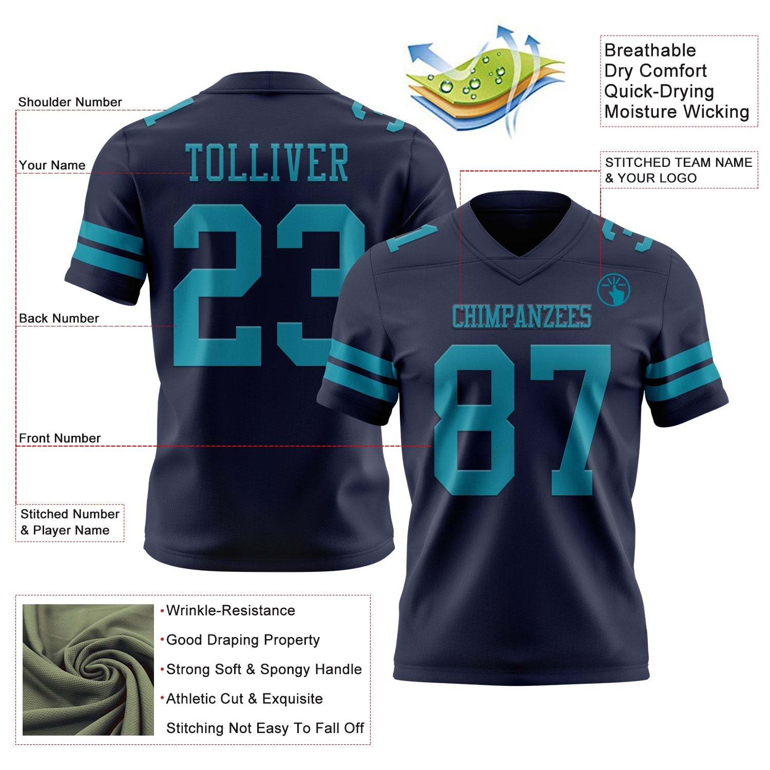 Custom Navy Teal Mesh Authentic Football Jersey - Sky-Custom