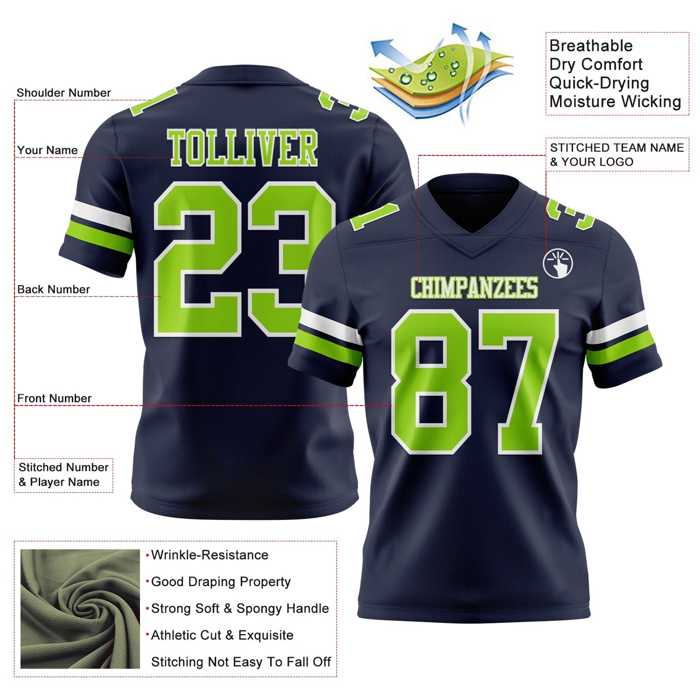 Custom Navy Neon Green-White Mesh Authentic Football Jersey - Sky-Custom