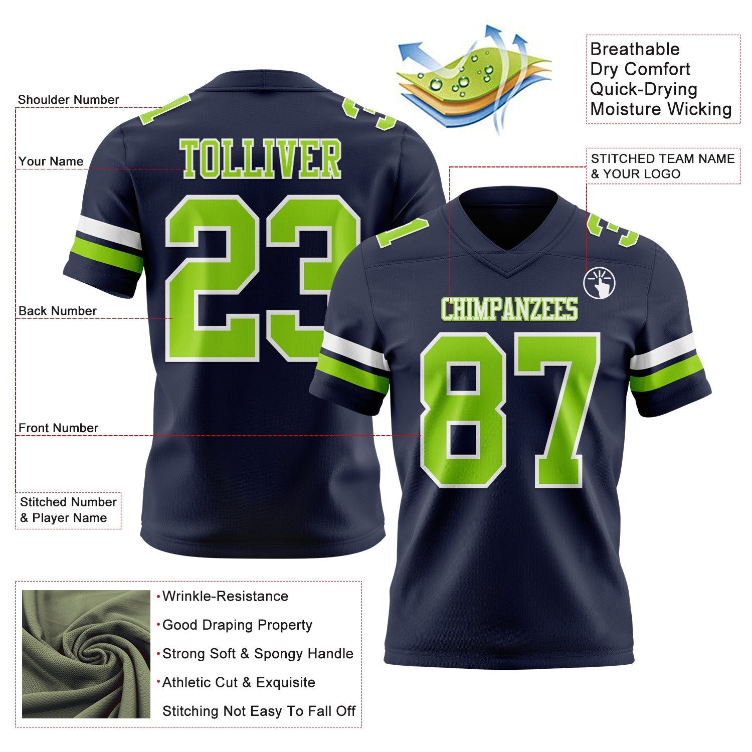 Custom Navy Neon Green-White Mesh Authentic Football Jersey - Sky-Custom