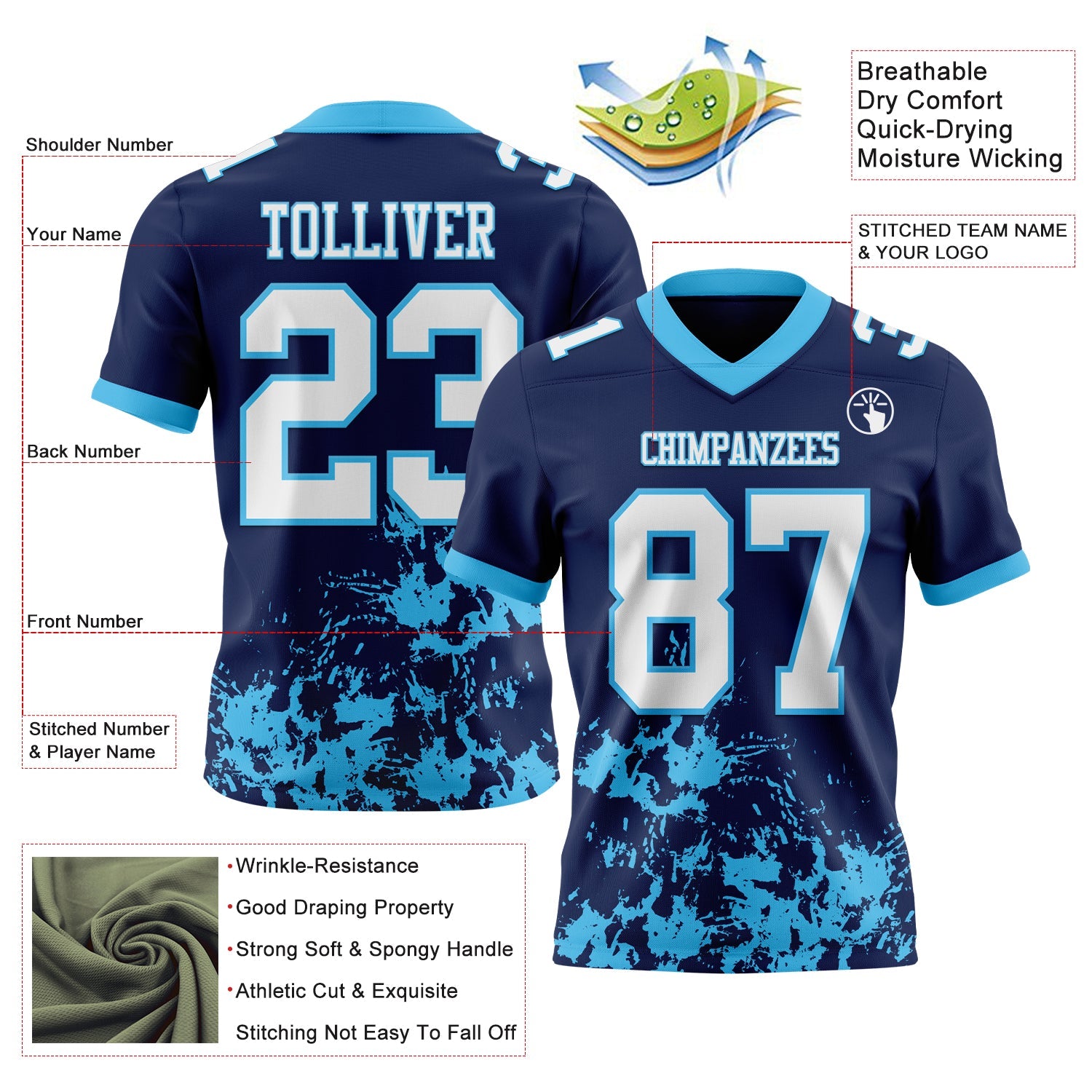 Custom Navy White-Sky Blue Splash Mesh Authentic Football Jersey - Sky-Custom