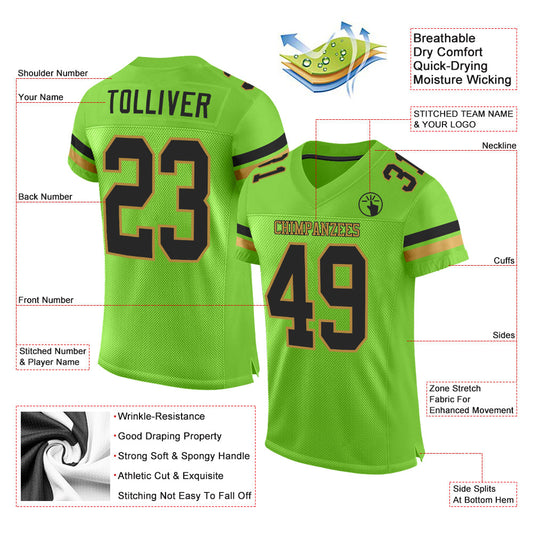 Custom Neon Green Black-Old Gold Mesh Authentic Football Jersey - Sky-Custom