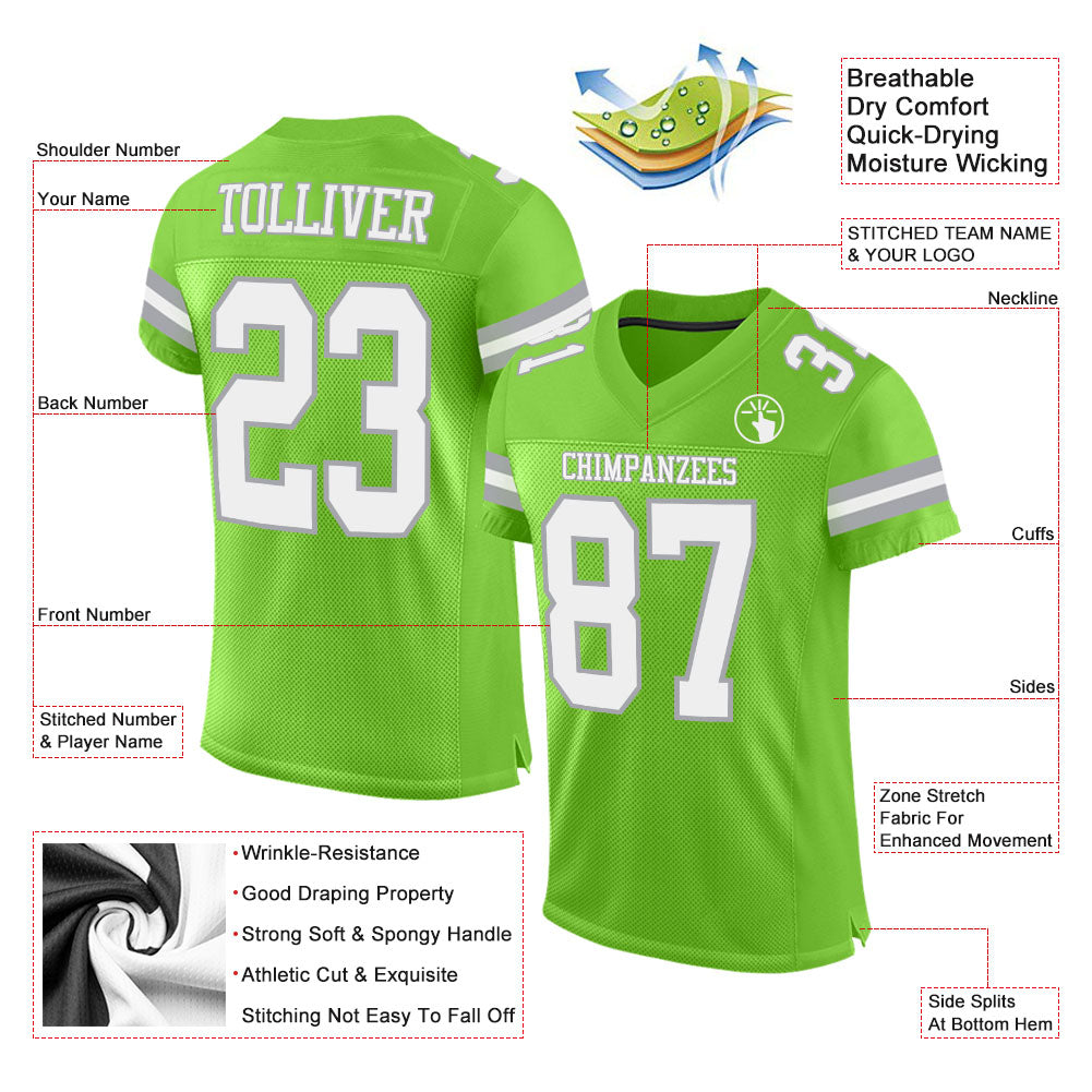 Custom Neon Green White-Gray Mesh Authentic Football Jersey - Sky-Custom