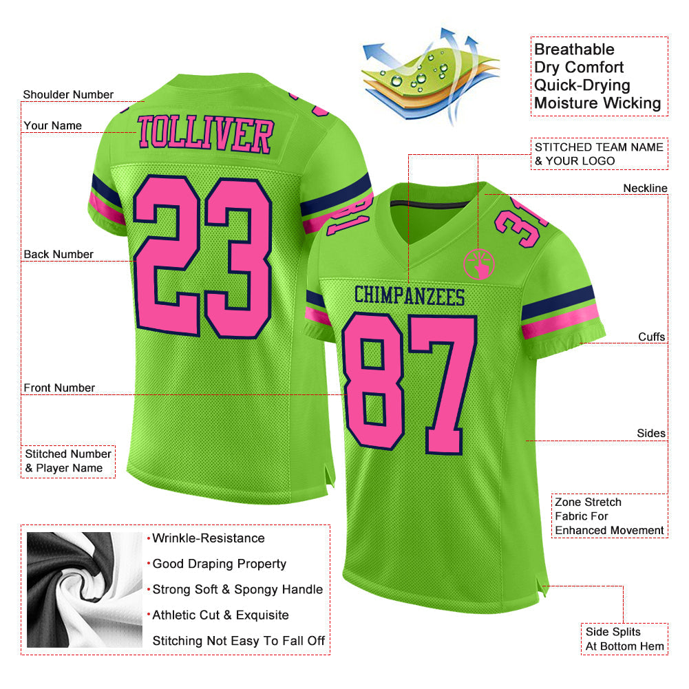 Custom Neon Green Pink-Navy Mesh Authentic Football Jersey - Sky-Custom