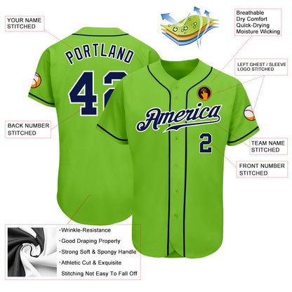 Custom Neon Green Navy-White Authentic Baseball Jersey - Sky-Custom
