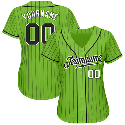 Custom Neon Green Black Pinstripe Black-White Authentic Baseball Jersey - Sky-Custom