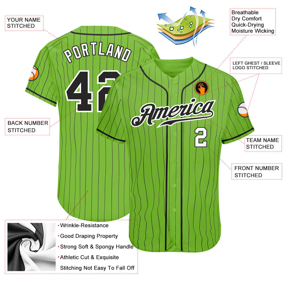 Custom Neon Green Black Pinstripe Black-White Authentic Baseball Jersey - Sky-Custom
