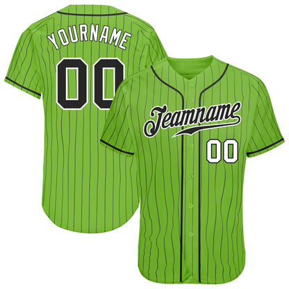 Custom Neon Green Black Pinstripe Black-White Authentic Baseball Jersey - Sky-Custom