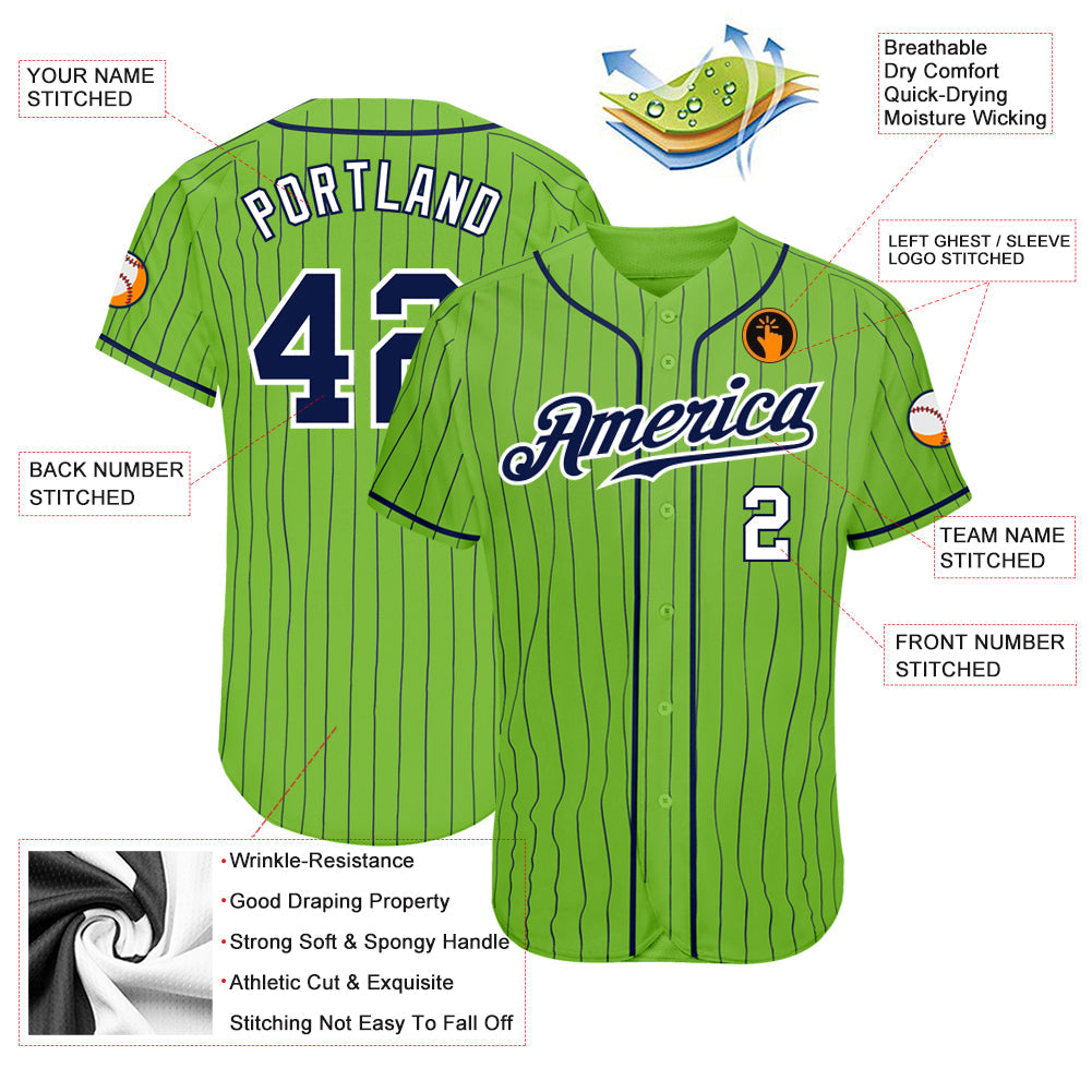 Custom Neon Green Navy Pinstripe Navy-White Authentic Baseball Jersey - Sky-Custom