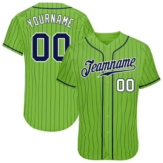 Custom Neon Green Navy Pinstripe Navy-White Authentic Baseball Jersey - Sky-Custom