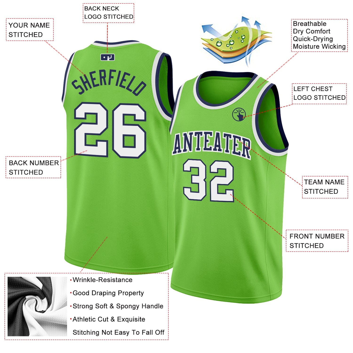 Custom Neon Green White-Navy Authentic Basketball Jersey - Sky-Custom