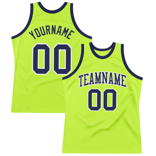 Custom Neon Green Navy-White Authentic Throwback Basketball Jersey - Sky-Custom