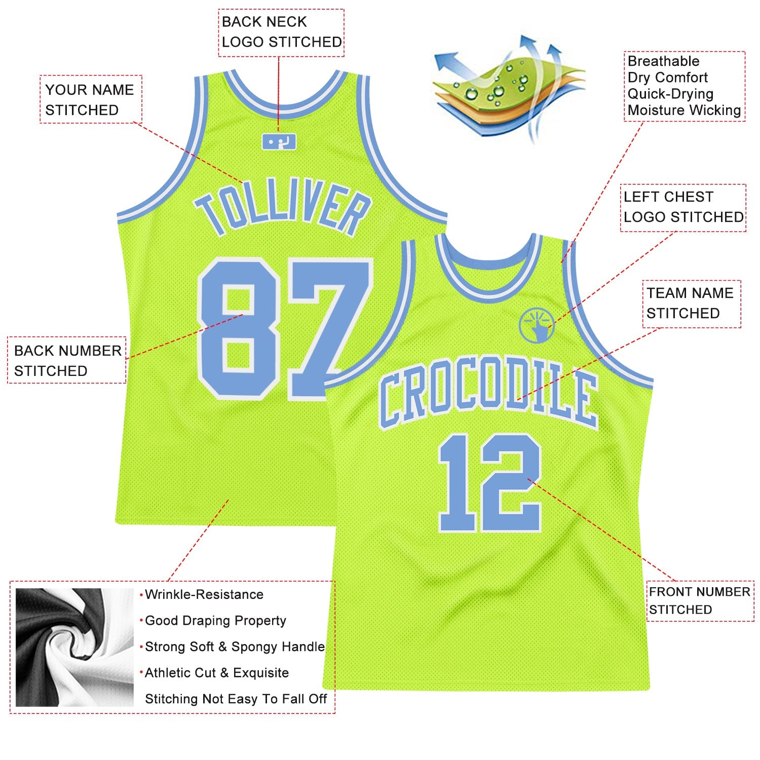 Custom Neon Green Light Blue-White Authentic Throwback Basketball Jersey - Sky-Custom
