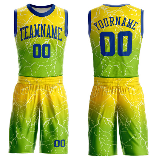Custom Neon Green Royal-Gold Round Neck Sublimation Basketball Suit Jersey - Sky-Custom
