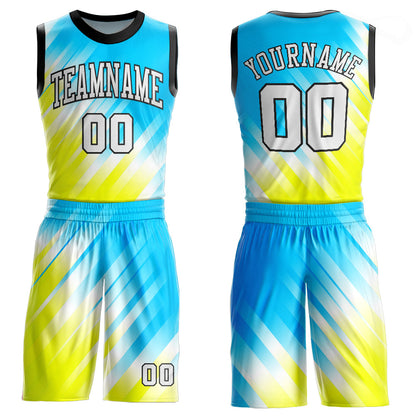 Custom Neon Green White-Light Blue Round Neck Sublimation Basketball Suit Jersey - Sky-Custom
