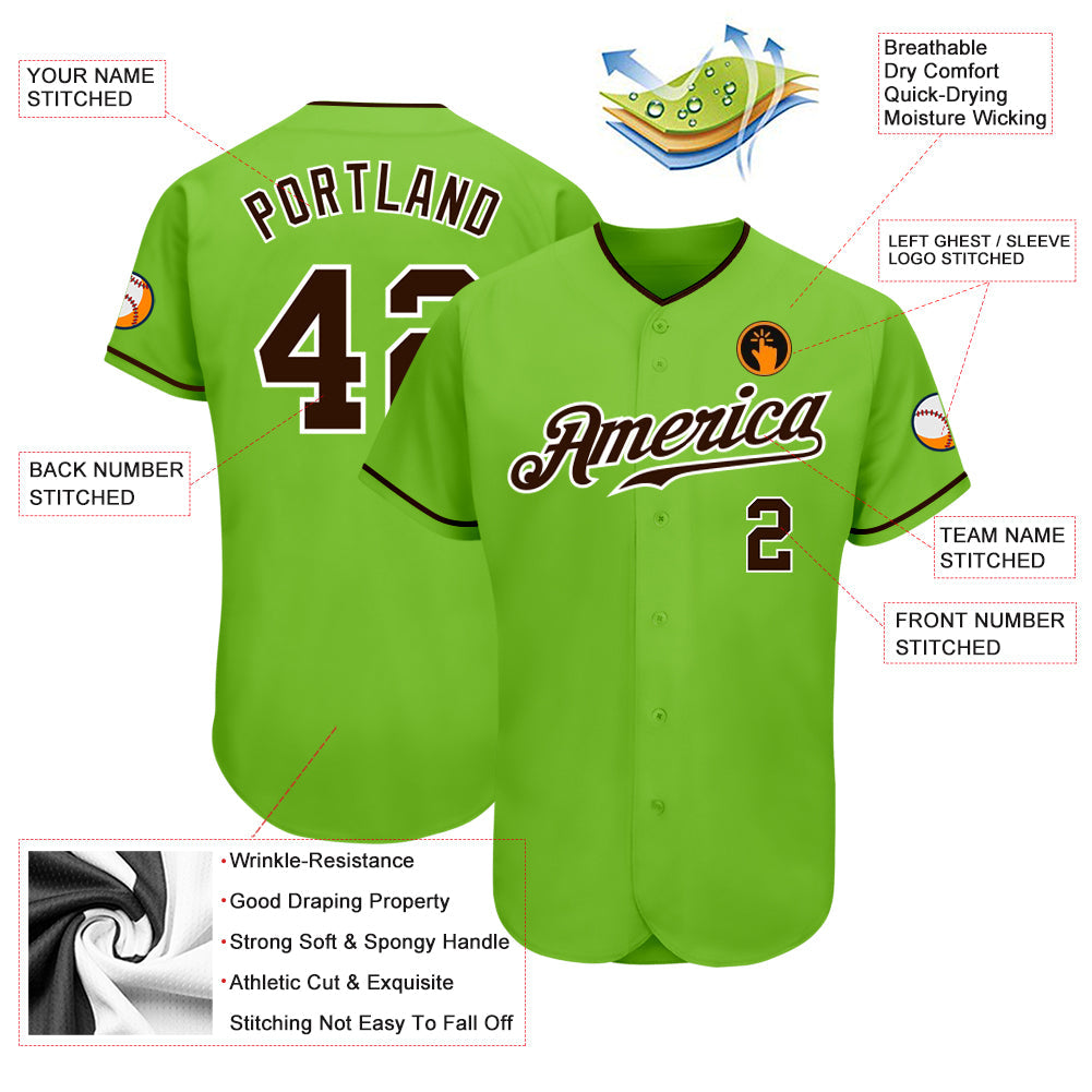 Custom Neon Green Brown-White Authentic Baseball Jersey - Sky-Custom