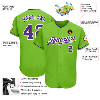 Custom Neon Green Purple-White Authentic Baseball Jersey - Sky-Custom