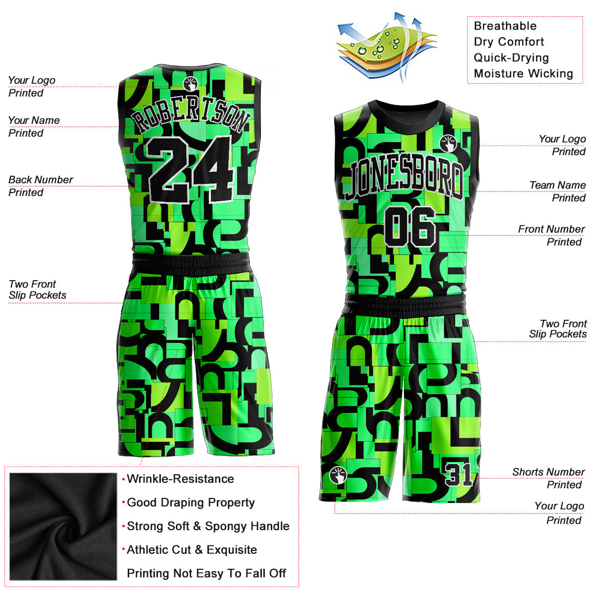 Custom Neon Green Black-White Music Festival Round Neck Sublimation Basketball Suit Jersey - Sky-Custom