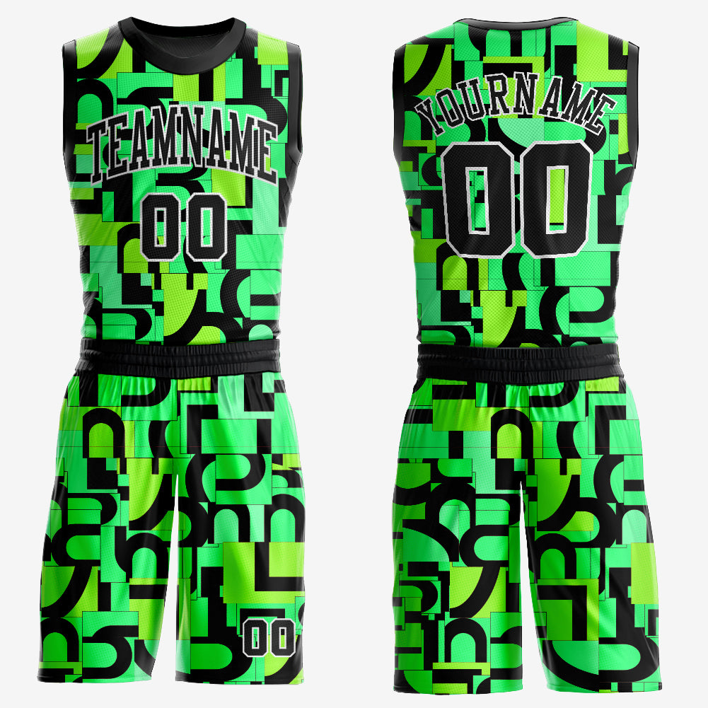 Custom Neon Green Black-White Music Festival Round Neck Sublimation Basketball Suit Jersey - Sky-Custom
