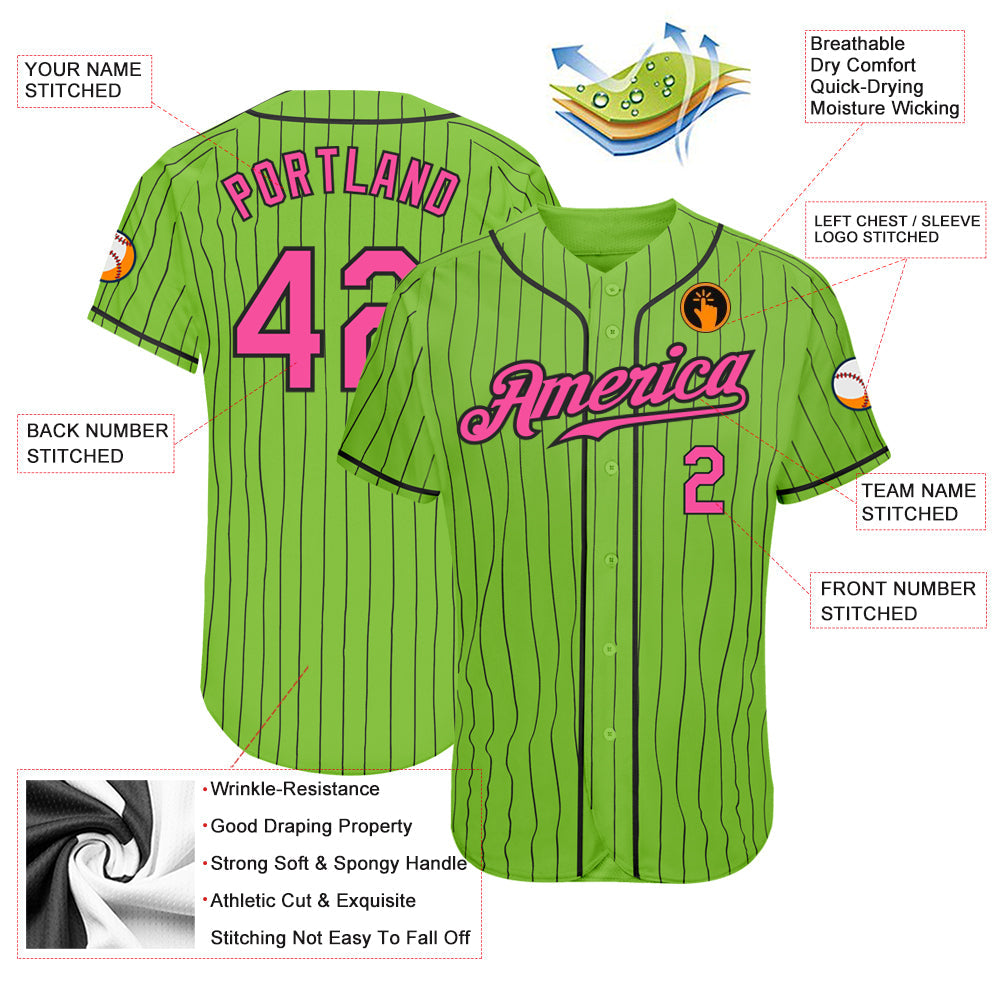 Custom Neon Green Black Pinstripe Pink-Black Authentic Baseball Jersey - Sky-Custom