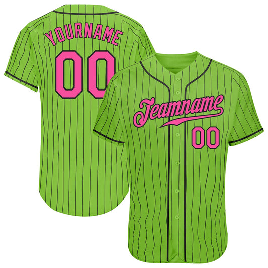 Custom Neon Green Black Pinstripe Pink-Black Authentic Baseball Jersey - Sky-Custom