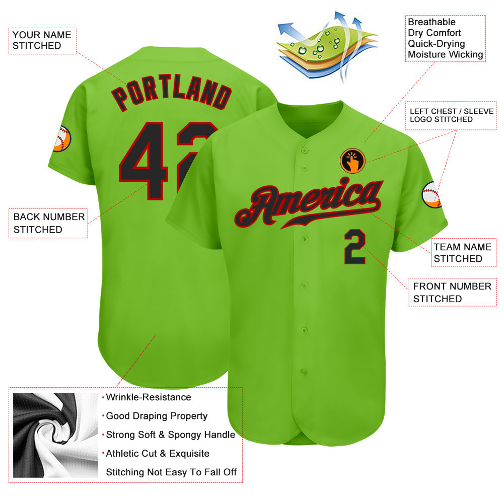 Custom Neon Green Black-Red Authentic Baseball Jersey - Sky-Custom