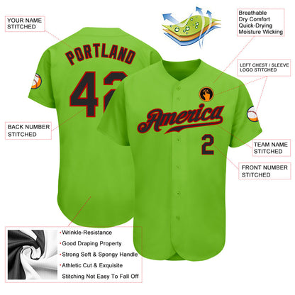 Custom Neon Green Black-Red Authentic Baseball Jersey - Sky-Custom