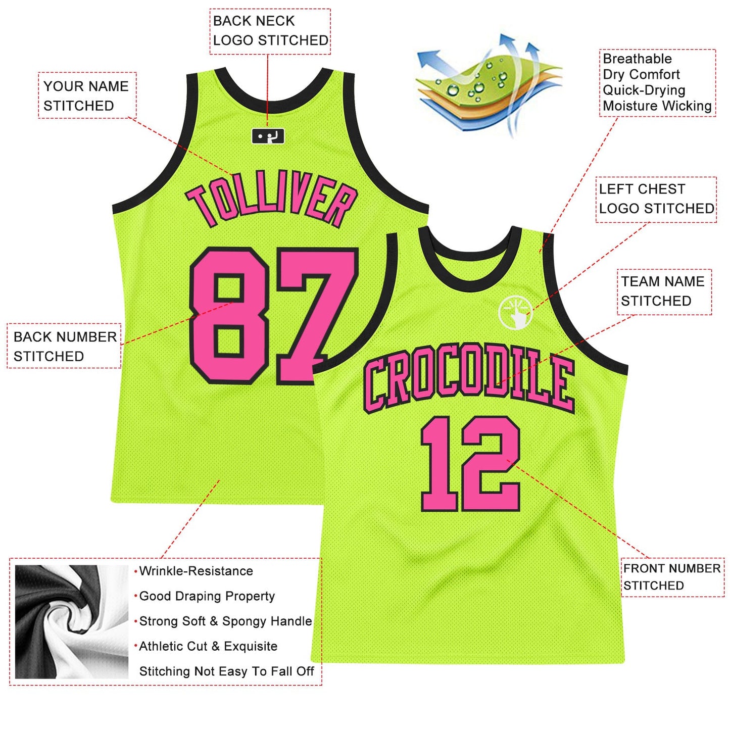 Custom Neon Green Pink-Black Authentic Throwback Basketball Jersey - Sky-Custom